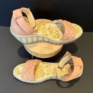 Fly London Yaru Quilted Leather Ankle Strap Wedge Sandals in Nude Pink